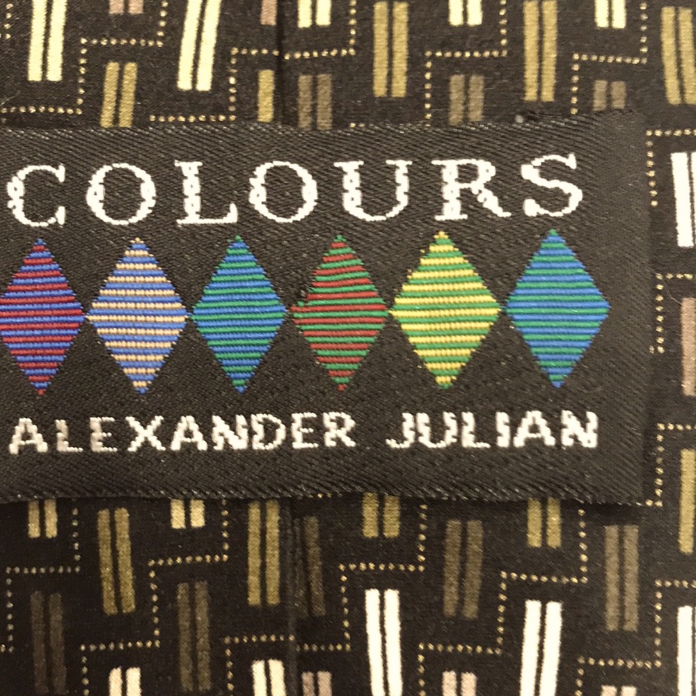 Necktie ALEXANDER JULIAN “ COLOURS”background black,olive,cream. H A N D S O M E